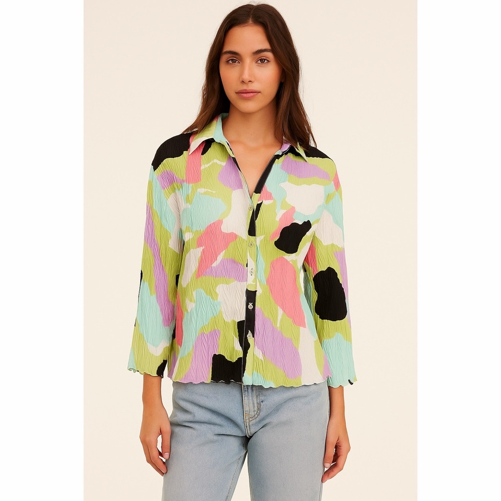 E.K. Designs | VTG Neon Color Splotch Button Down Collared Retro Y2K Blouse Top